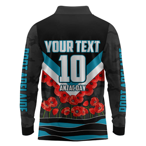 Personalised Port Adelaide Power ANZAC Long Sleeve Polo Shirt Military Remembrance Australian Football Mascot Camouflage