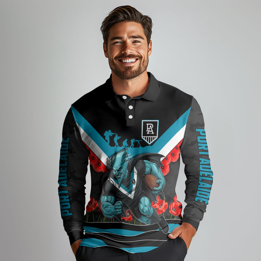 Personalised Port Adelaide Power ANZAC Long Sleeve Polo Shirt Military Remembrance Australian Football Mascot Camouflage