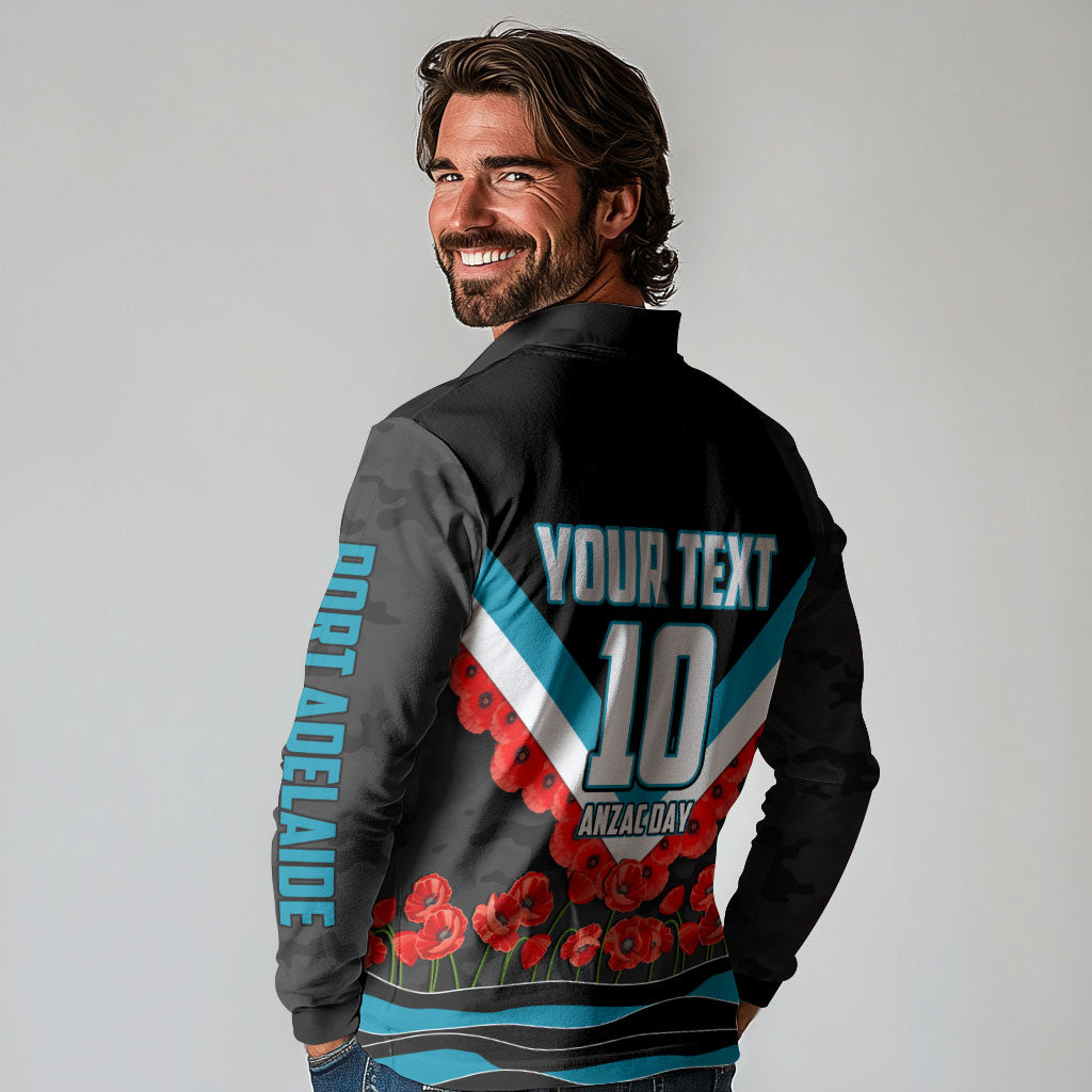 Personalised Port Adelaide Power ANZAC Long Sleeve Polo Shirt Military Remembrance Australian Football Mascot Camouflage