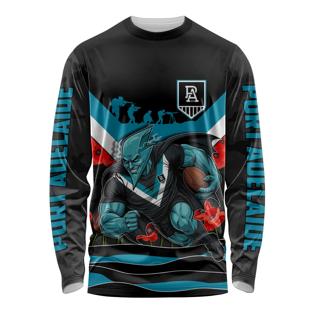 Personalised Port Adelaide Power ANZAC Long Sleeve Shirt Military Remembrance Australian Football Mascot Camouflage