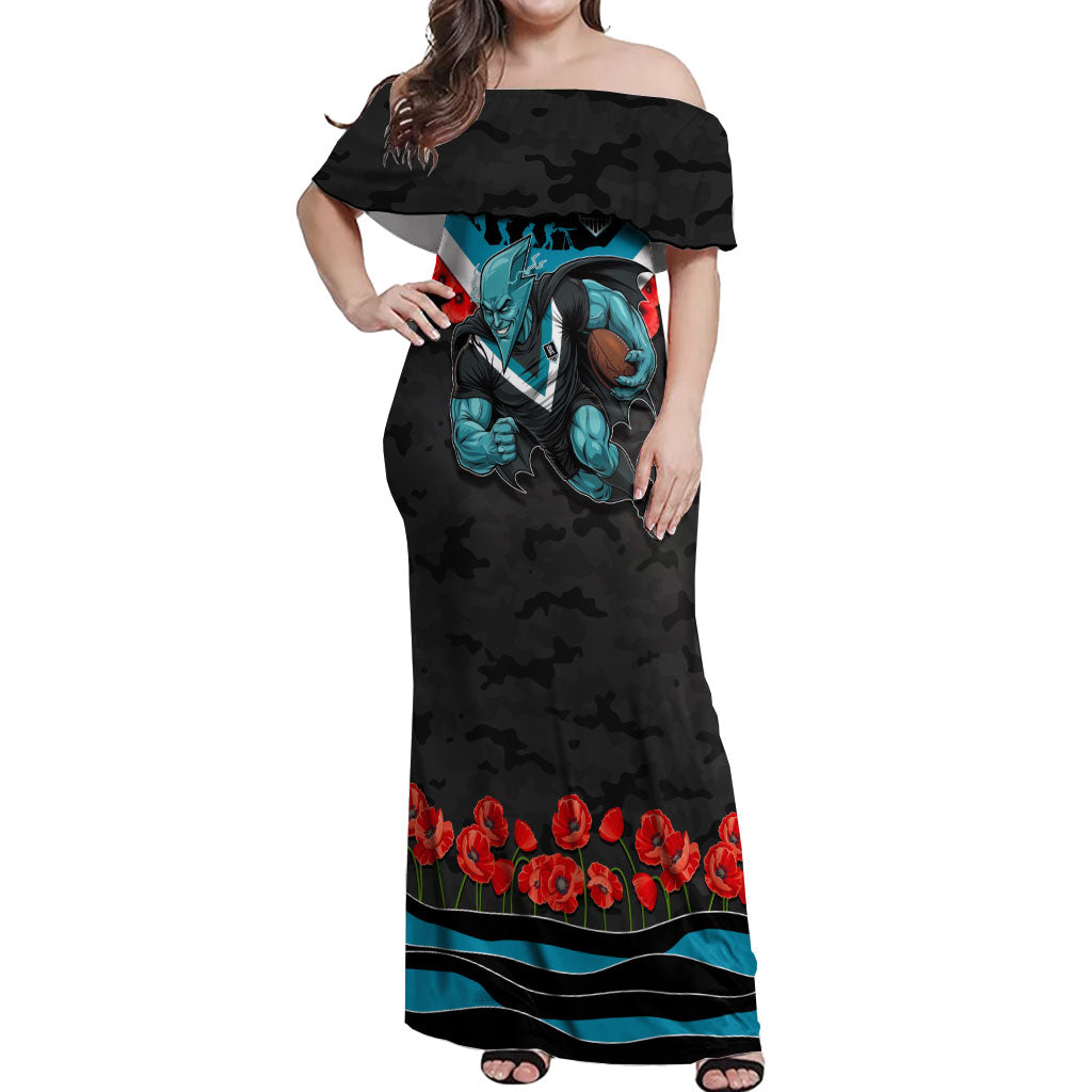 Personalised Port Adelaide Power ANZAC Off Shoulder Maxi Dress Military Remembrance Australian Football Mascot Camouflage