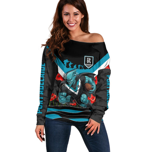 Personalised Port Adelaide Power ANZAC Off Shoulder Sweater Military Remembrance Australian Football Mascot Camouflage