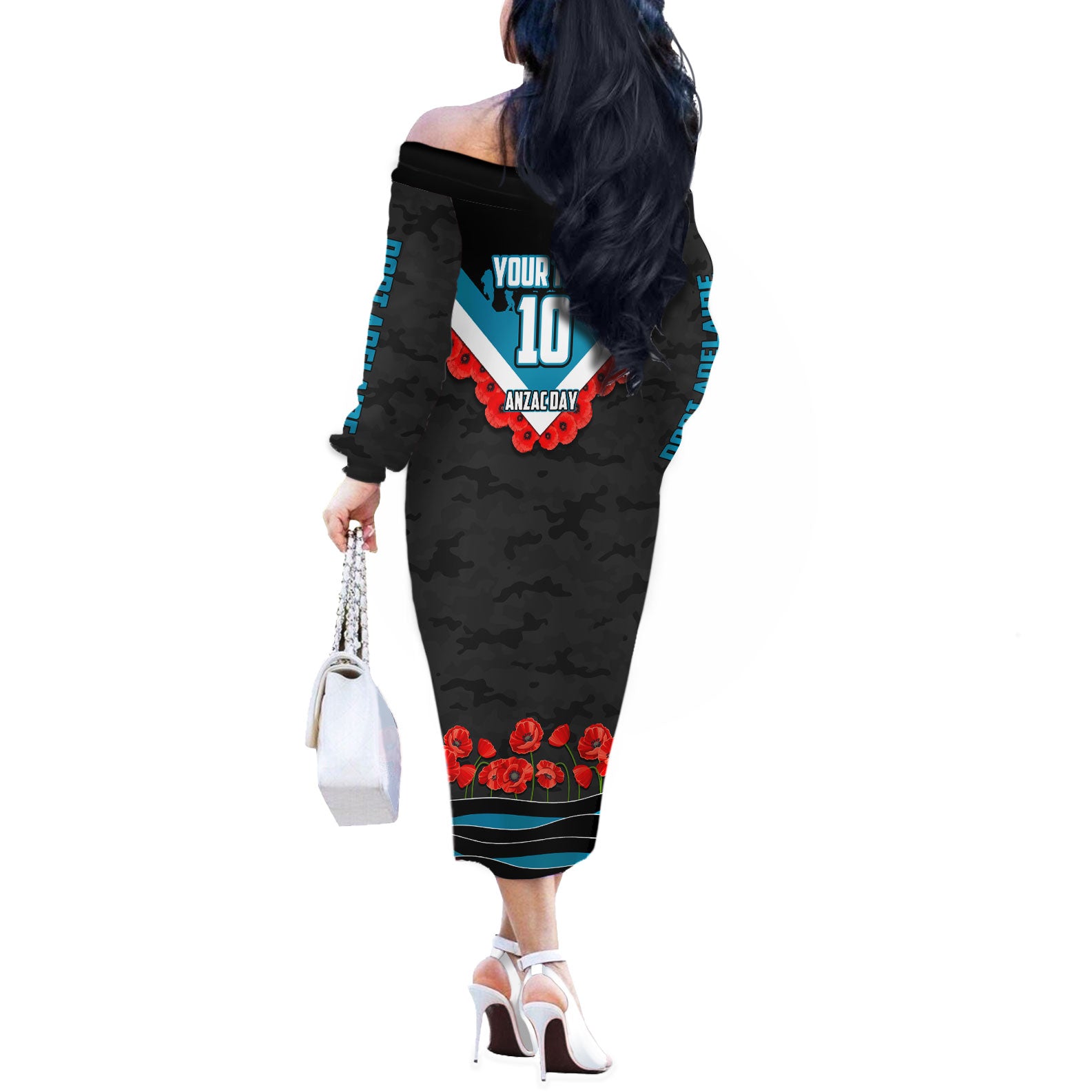 Personalised Port Adelaide Power ANZAC Off The Shoulder Long Sleeve Dress Military Remembrance Australian Football Mascot Camouflage