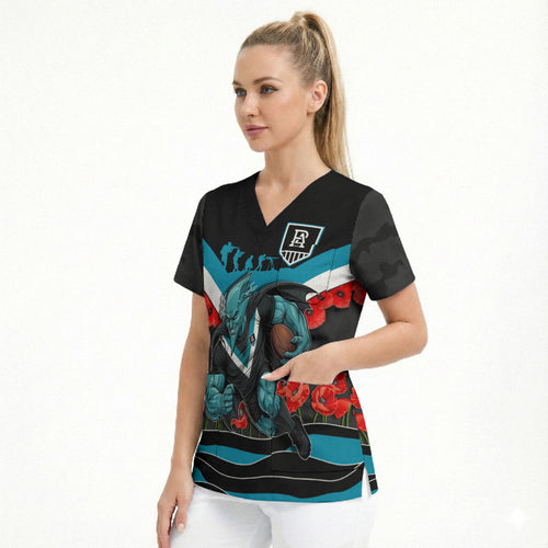 Personalised Port Adelaide Power ANZAC Scrub Top Military Remembrance Australian Football Mascot Camouflage
