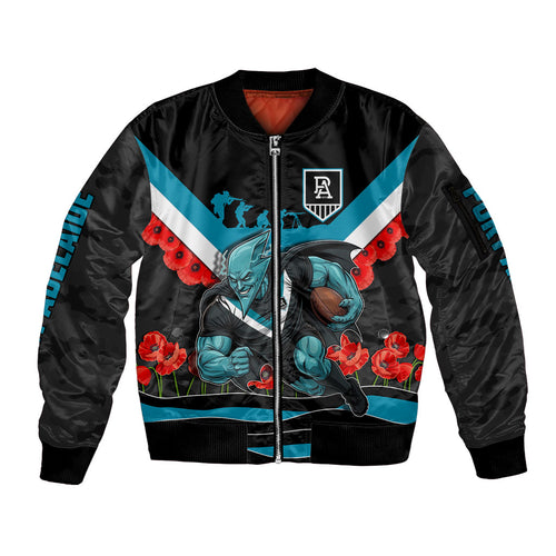 Personalised Port Adelaide Power ANZAC Sleeve Zip Bomber Jacket Military Remembrance Australian Football Mascot Camouflage