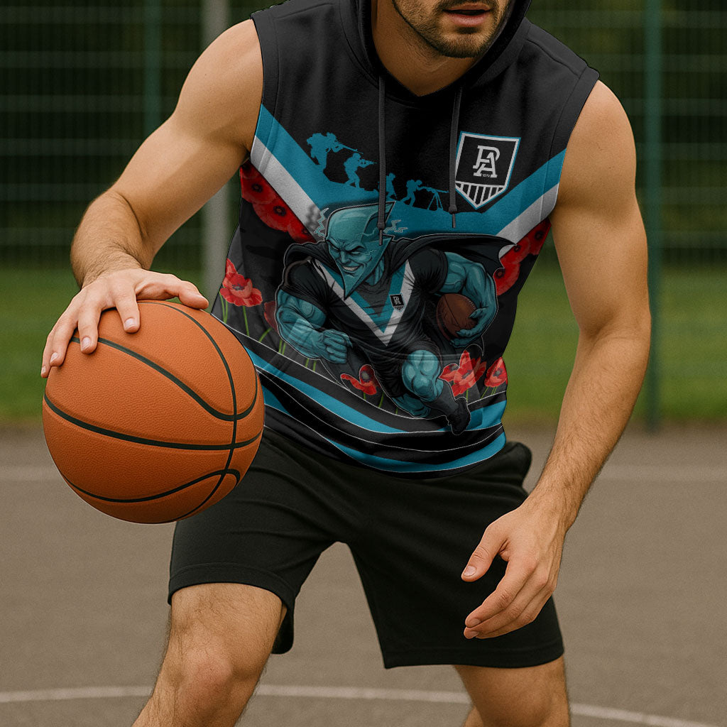 Personalised Port Adelaide Power ANZAC Sleeveless Hoodie Military Remembrance Australian Football Mascot Camouflage