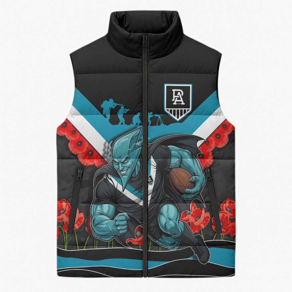 Personalised Port Adelaide Power ANZAC Sleeveless Puffer Jacket Military Remembrance Australian Football Mascot Camouflage