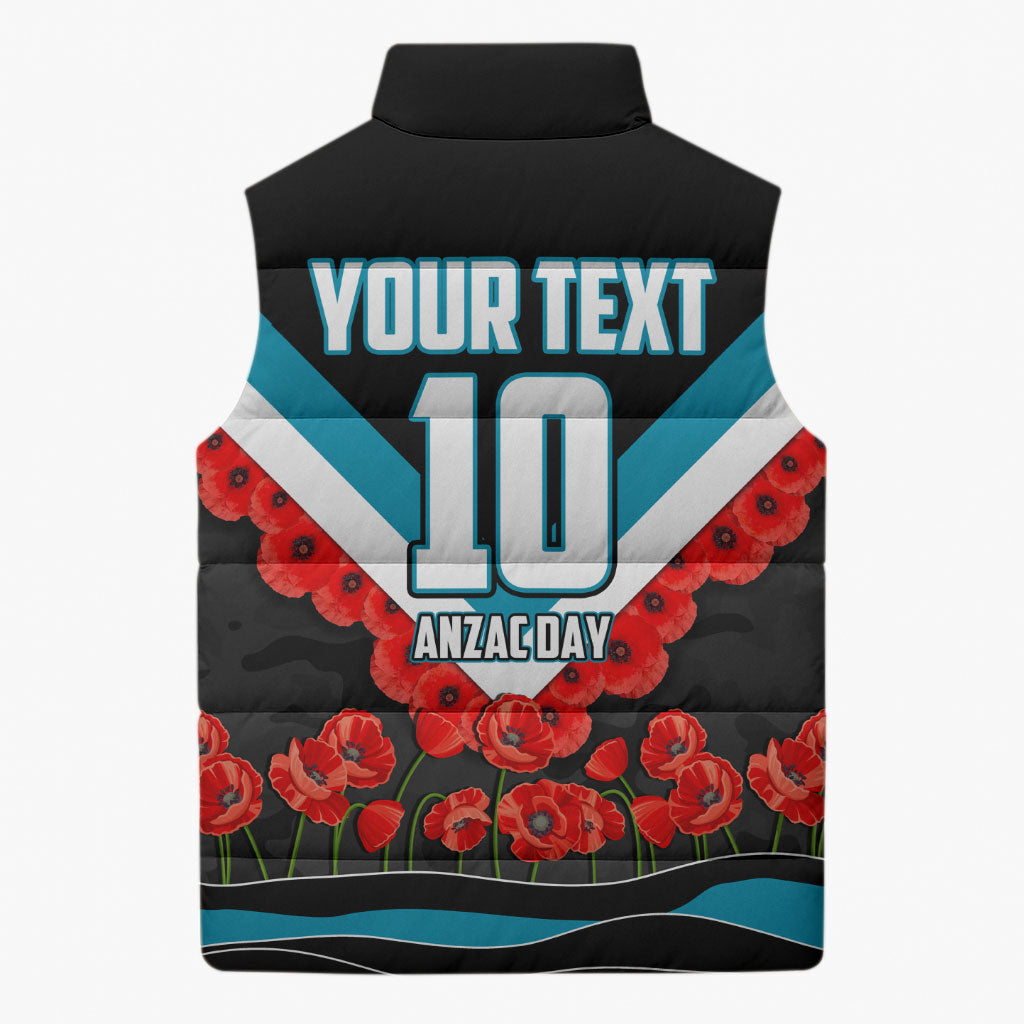 Personalised Port Adelaide Power ANZAC Sleeveless Puffer Jacket Military Remembrance Australian Football Mascot Camouflage