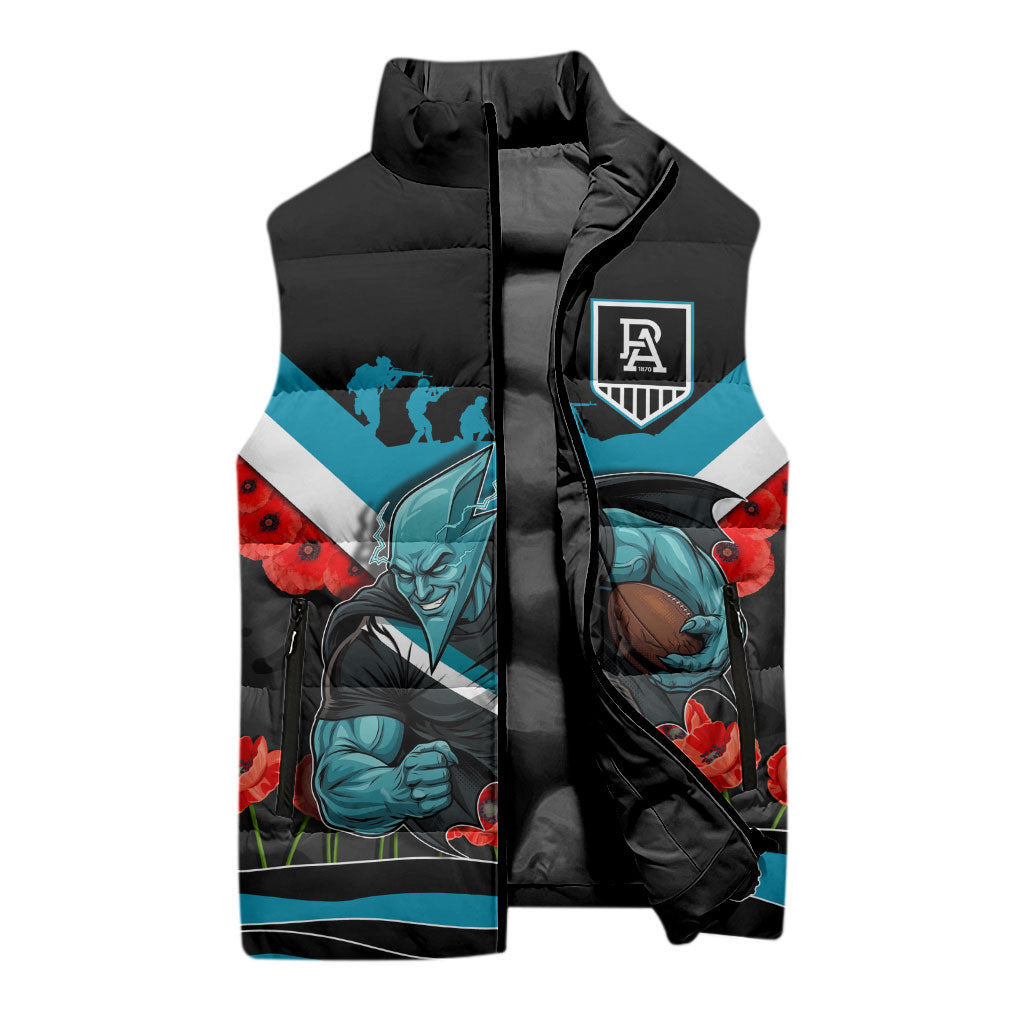 Personalised Port Adelaide Power ANZAC Sleeveless Puffer Jacket Military Remembrance Australian Football Mascot Camouflage