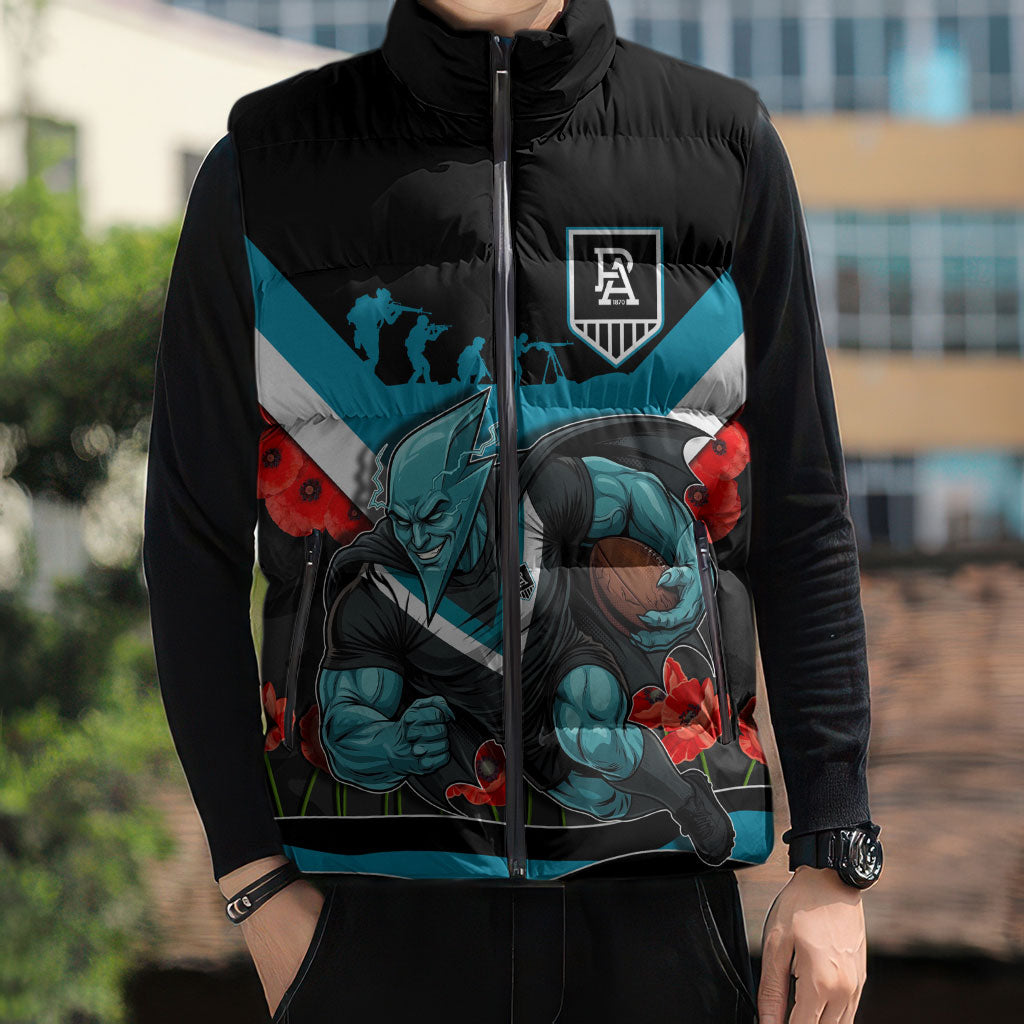 Personalised Port Adelaide Power ANZAC Sleeveless Puffer Jacket Military Remembrance Australian Football Mascot Camouflage