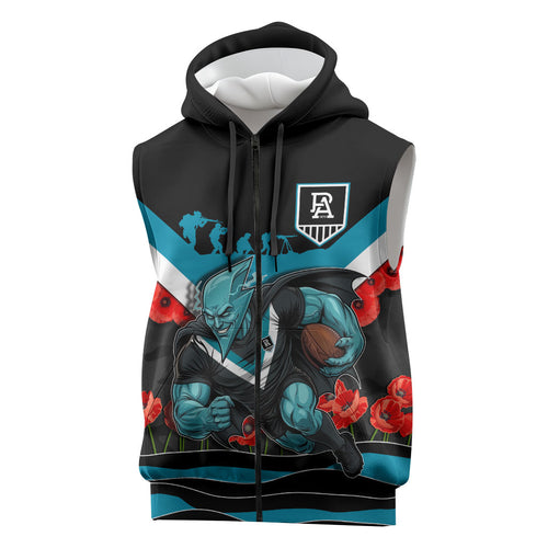 Personalised Port Adelaide Power ANZAC Sleeveless Zip Hoodie Military Remembrance Australian Football Mascot Camouflage