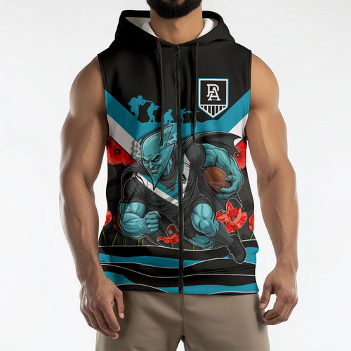 Personalised Port Adelaide Power ANZAC Sleeveless Zip Hoodie Military Remembrance Australian Football Mascot Camouflage