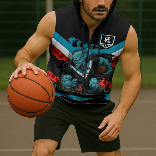 Personalised Port Adelaide Power ANZAC Sleeveless Zip Hoodie Military Remembrance Australian Football Mascot Camouflage