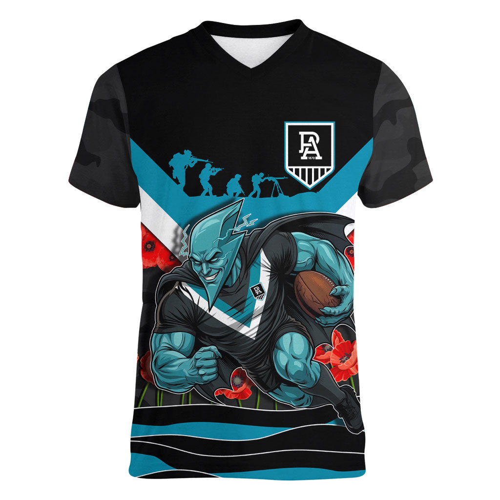 Personalised Port Adelaide Power ANZAC Women V-Neck T-Shirt Military Remembrance Australian Football Mascot Camouflage