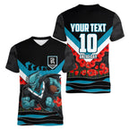 Personalised Port Adelaide Power ANZAC Women V-Neck T-Shirt Military Remembrance Australian Football Mascot Camouflage