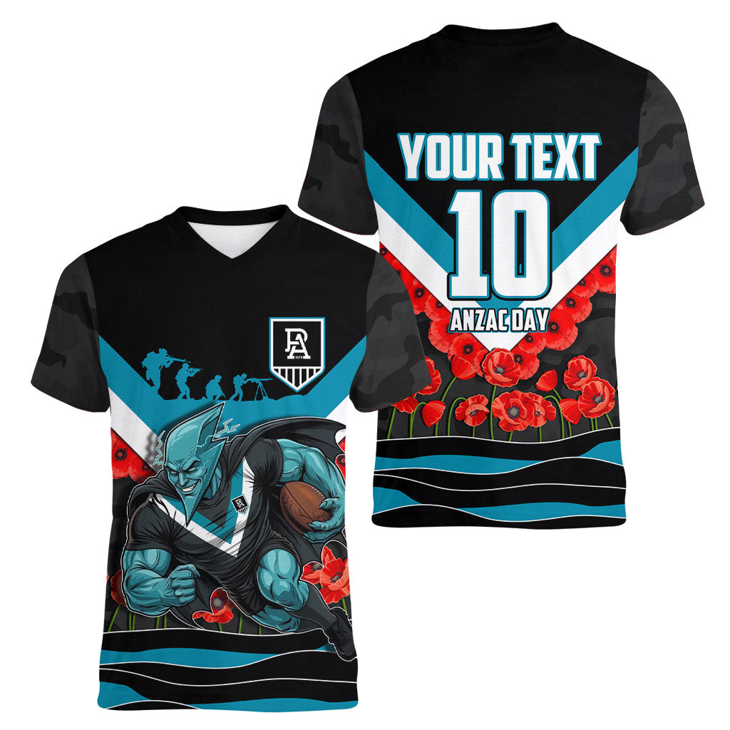 Personalised Port Adelaide Power ANZAC Women V-Neck T-Shirt Military Remembrance Australian Football Mascot Camouflage