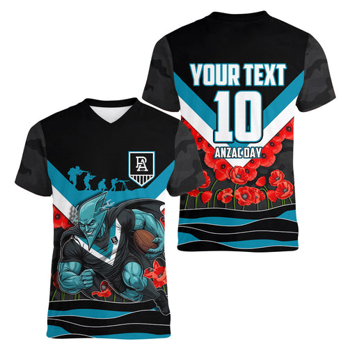 Personalised Port Adelaide Power ANZAC Women V-Neck T-Shirt Military Remembrance Australian Football Mascot Camouflage