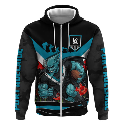 Personalised Port Adelaide Power ANZAC Zip Hoodie Military Remembrance Australian Football Mascot Camouflage