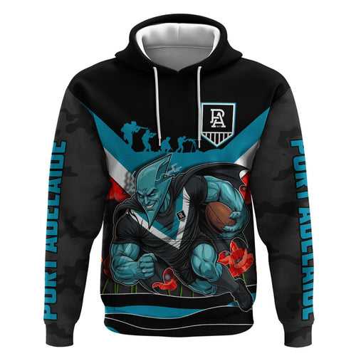 Personalised Port Adelaide Power ANZAC Zip Hoodie Military Remembrance Australian Football Mascot Camouflage