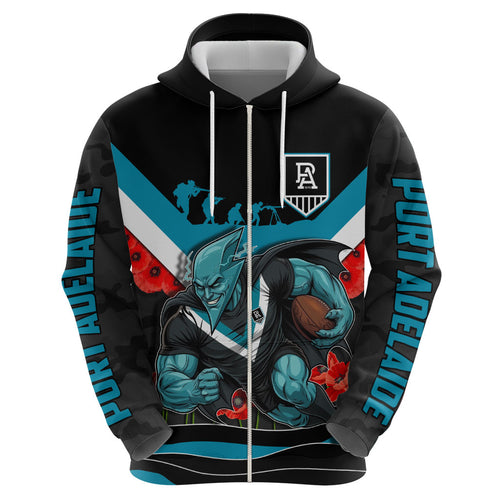 Personalised Port Adelaide Power ANZAC Zip Hoodie Military Remembrance Australian Football Mascot Camouflage