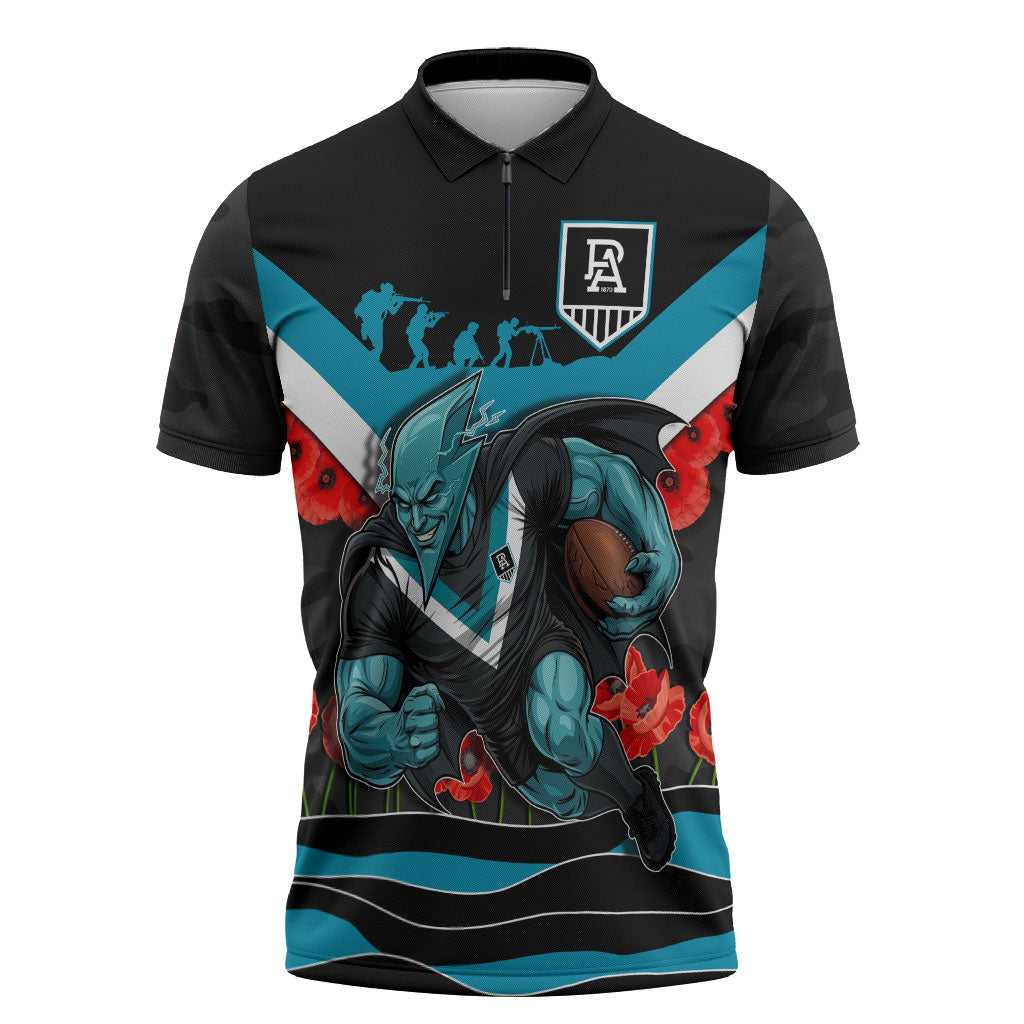 Personalised Port Adelaide Power ANZAC Zipper Polo Shirt Military Remembrance Australian Football Mascot Camouflage
