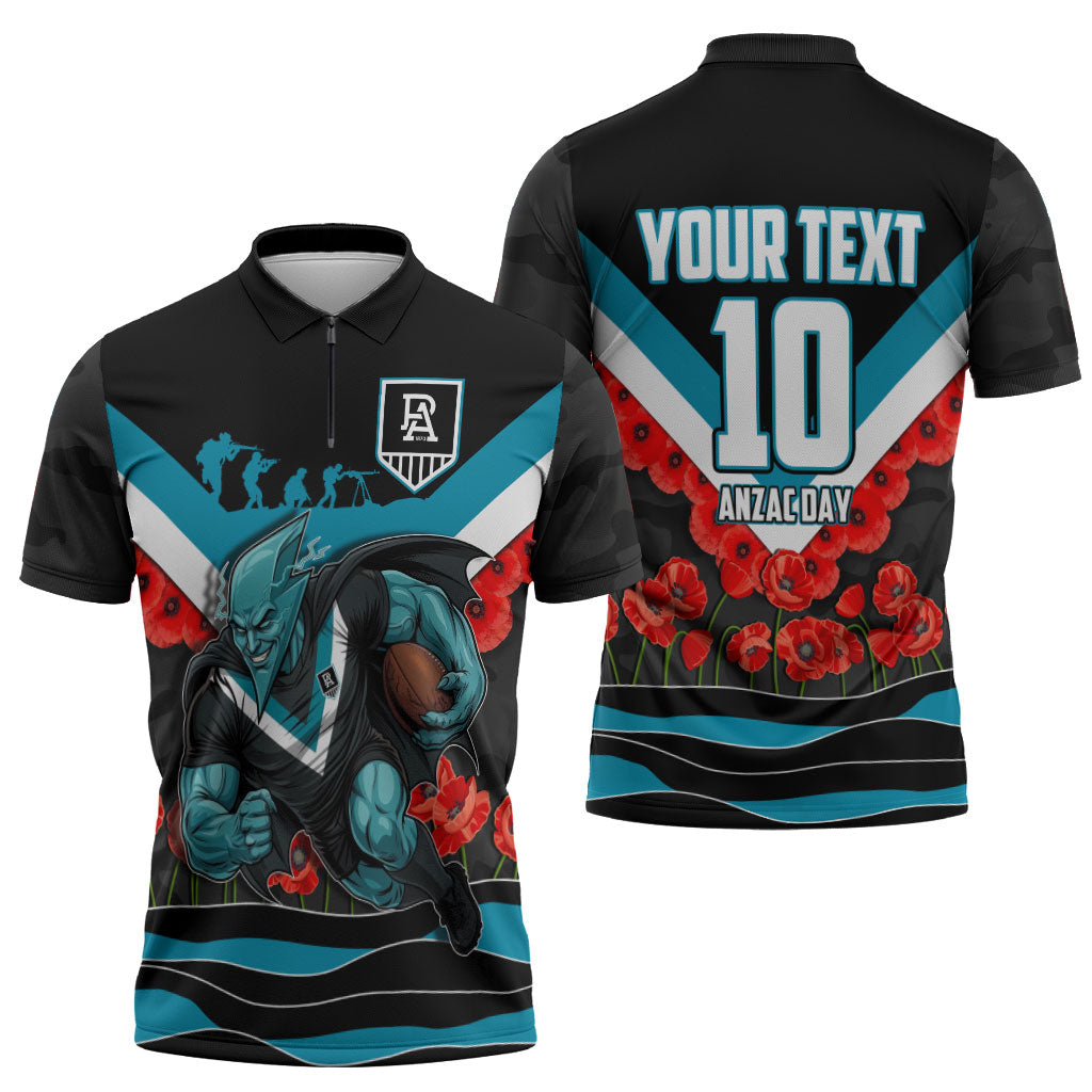 Personalised Port Adelaide Power ANZAC Zipper Polo Shirt Military Remembrance Australian Football Mascot Camouflage