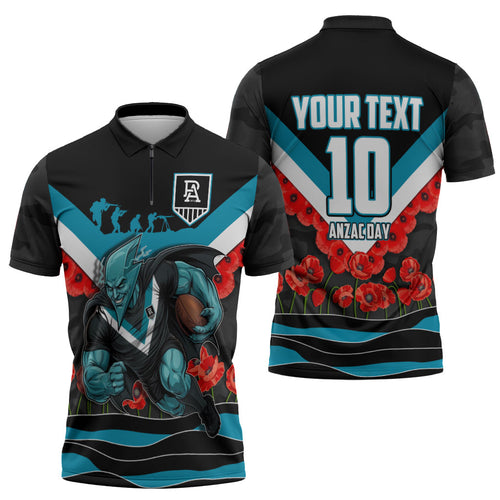 Personalised Port Adelaide Power ANZAC Zipper Polo Shirt Military Remembrance Australian Football Mascot Camouflage