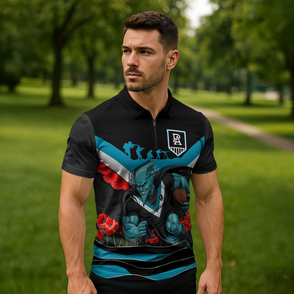 Personalised Port Adelaide Power ANZAC Zipper Polo Shirt Military Remembrance Australian Football Mascot Camouflage