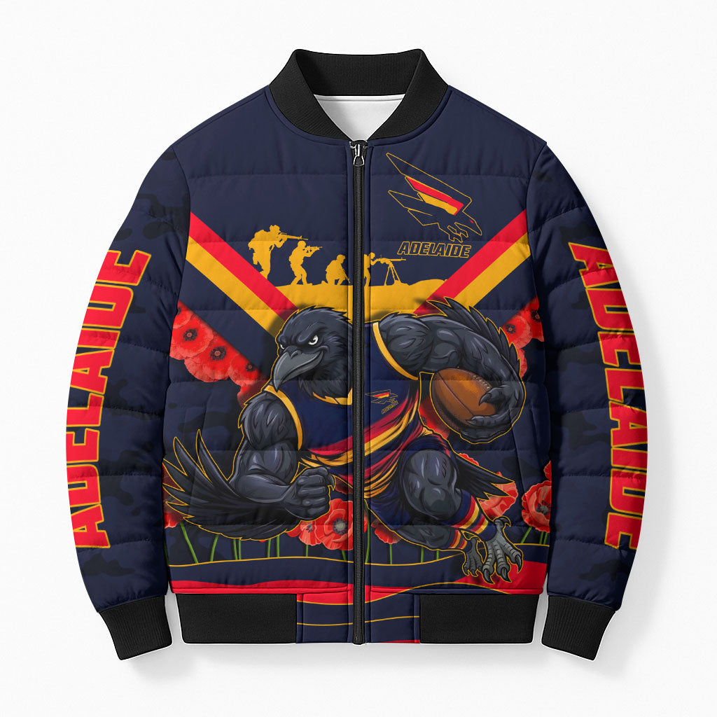 Personalised Adelaide Crows ANZAC Bomber Puffer Jacket Military Remembrance Australian Football Mascot Camouflage