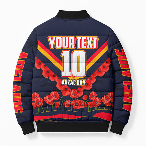 Personalised Adelaide Crows ANZAC Bomber Puffer Jacket Military Remembrance Australian Football Mascot Camouflage