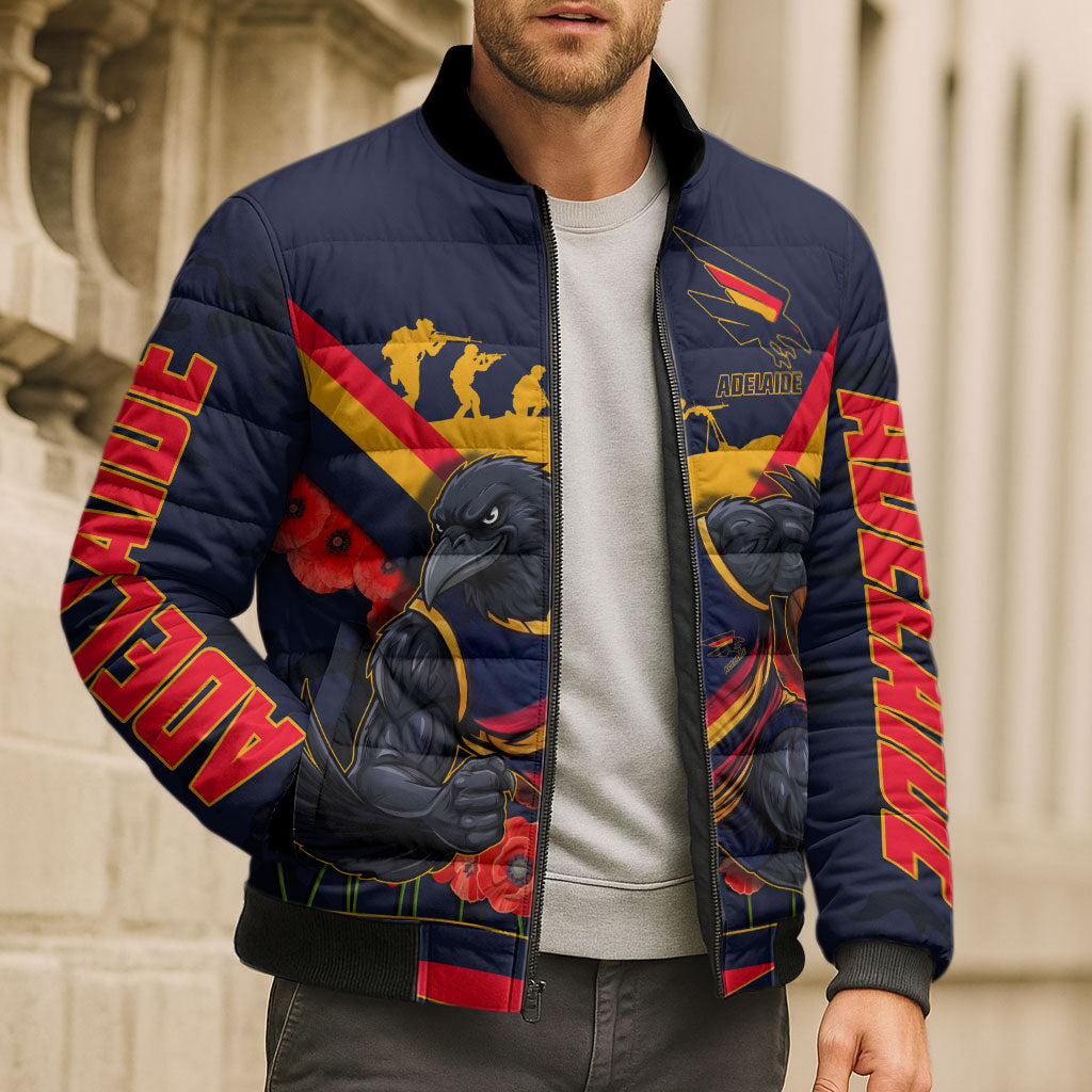 Personalised Adelaide Crows ANZAC Bomber Puffer Jacket Military Remembrance Australian Football Mascot Camouflage