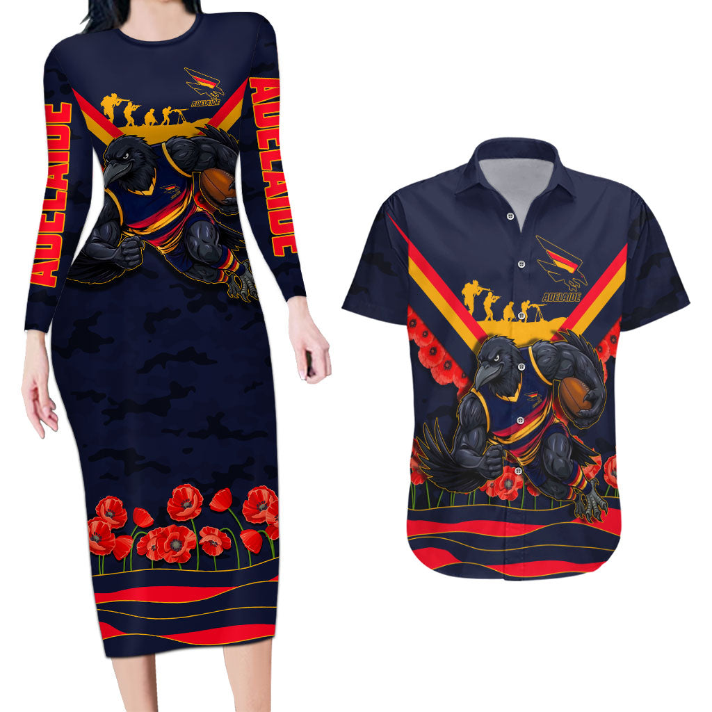 Personalised Adelaide Crows ANZAC Couples Matching Long Sleeve Bodycon Dress and Hawaiian Shirt Military Remembrance Australian Football Mascot Camouflage