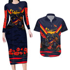 Personalised Adelaide Crows ANZAC Couples Matching Long Sleeve Bodycon Dress and Hawaiian Shirt Military Remembrance Australian Football Mascot Camouflage
