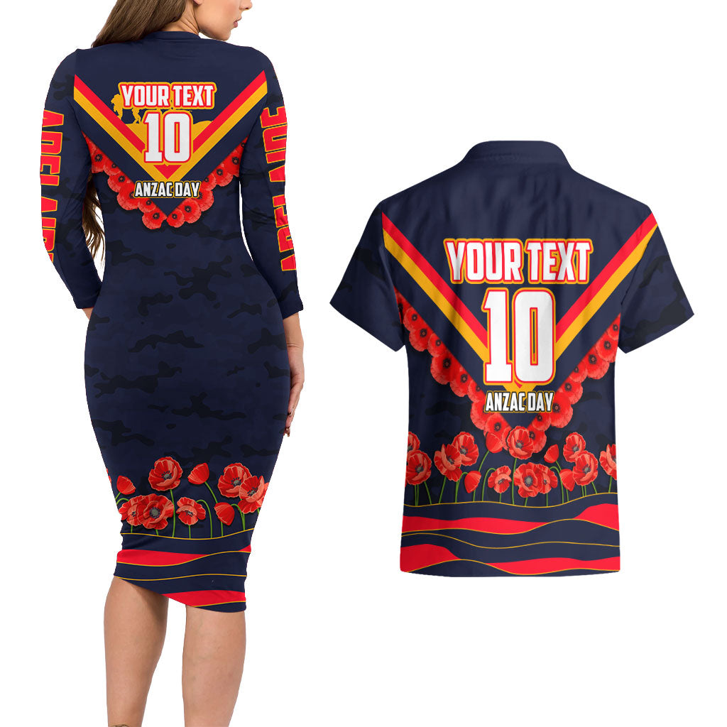 Personalised Adelaide Crows ANZAC Couples Matching Long Sleeve Bodycon Dress and Hawaiian Shirt Military Remembrance Australian Football Mascot Camouflage