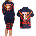 Personalised Adelaide Crows ANZAC Couples Matching Long Sleeve Bodycon Dress and Hawaiian Shirt Military Remembrance Australian Football Mascot Camouflage
