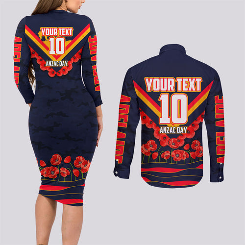 Personalised Adelaide Crows ANZAC Couples Matching Long Sleeve Bodycon Dress and Long Sleeve Button Shirt Military Remembrance Australian Football Mascot Camouflage