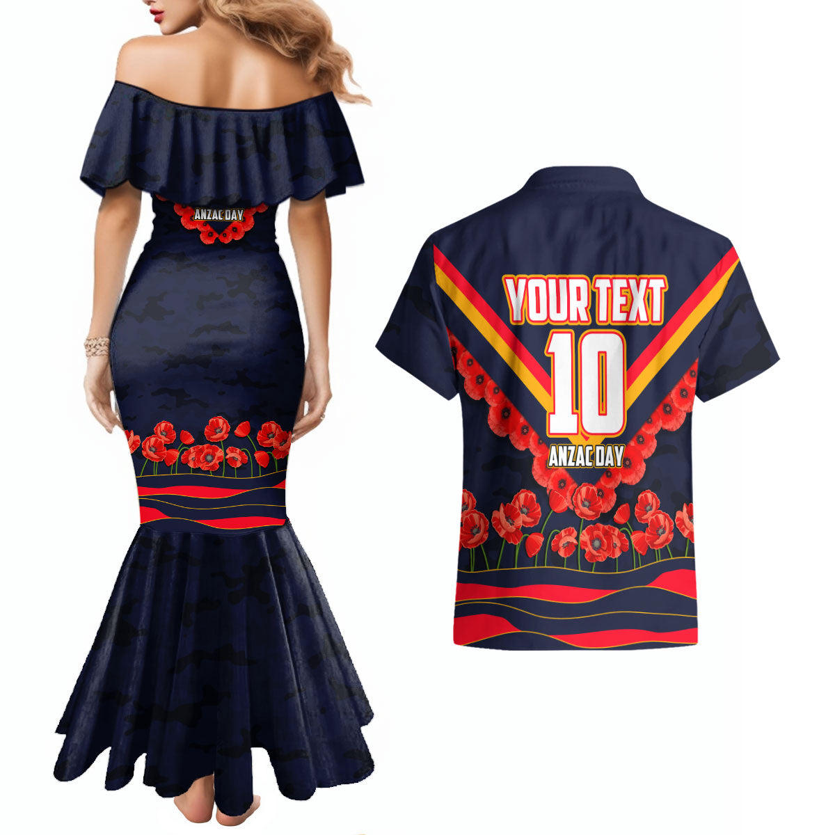 Personalised Adelaide Crows ANZAC Couples Matching Mermaid Dress and Hawaiian Shirt Military Remembrance Australian Football Mascot Camouflage