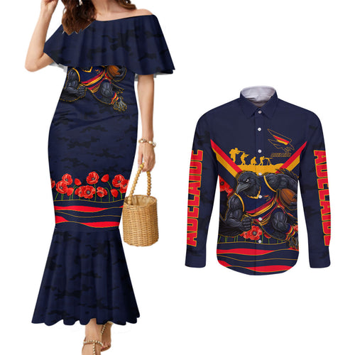 Personalised Adelaide Crows ANZAC Couples Matching Mermaid Dress and Long Sleeve Button Shirt Military Remembrance Australian Football Mascot Camouflage