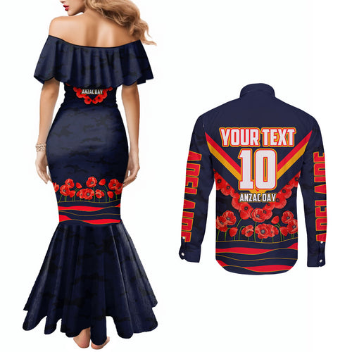 Personalised Adelaide Crows ANZAC Couples Matching Mermaid Dress and Long Sleeve Button Shirt Military Remembrance Australian Football Mascot Camouflage