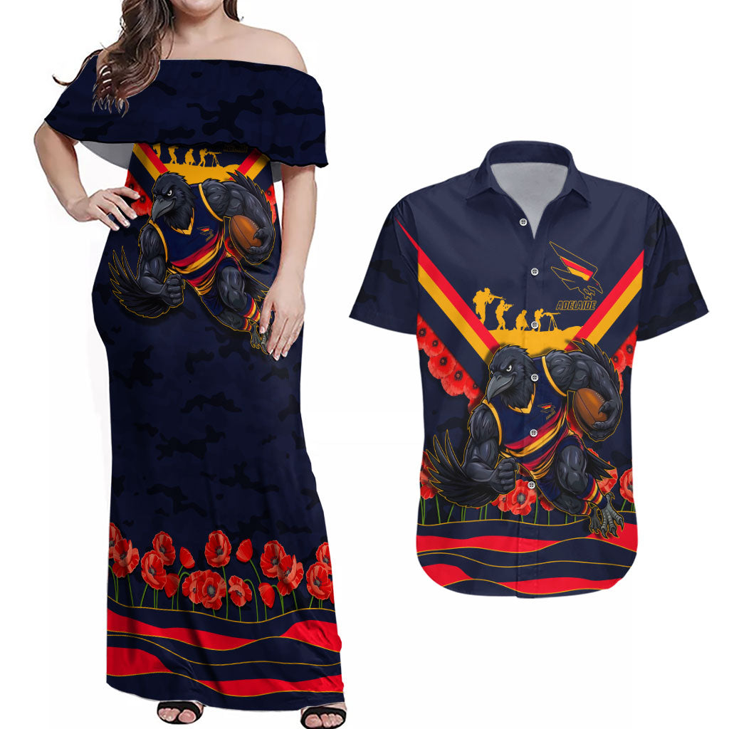 Personalised Adelaide Crows ANZAC Couples Matching Off Shoulder Maxi Dress and Hawaiian Shirt Military Remembrance Australian Football Mascot Camouflage