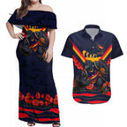 Personalised Adelaide Crows ANZAC Couples Matching Off Shoulder Maxi Dress and Hawaiian Shirt Military Remembrance Australian Football Mascot Camouflage