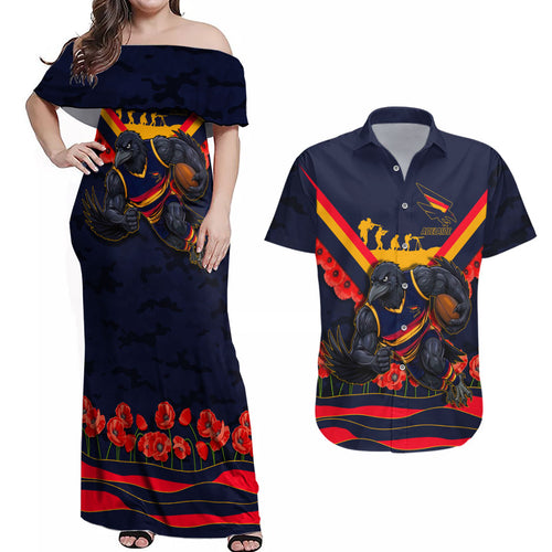 Personalised Adelaide Crows ANZAC Couples Matching Off Shoulder Maxi Dress and Hawaiian Shirt Military Remembrance Australian Football Mascot Camouflage