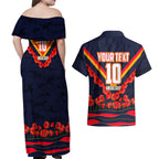 Personalised Adelaide Crows ANZAC Couples Matching Off Shoulder Maxi Dress and Hawaiian Shirt Military Remembrance Australian Football Mascot Camouflage