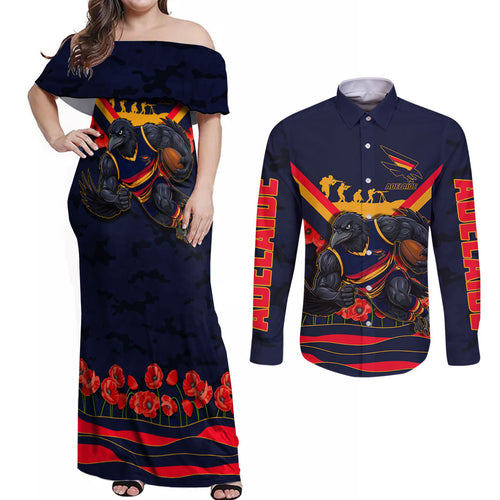 Personalised Adelaide Crows ANZAC Couples Matching Off Shoulder Maxi Dress and Long Sleeve Button Shirt Military Remembrance Australian Football Mascot Camouflage