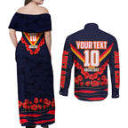 Personalised Adelaide Crows ANZAC Couples Matching Off Shoulder Maxi Dress and Long Sleeve Button Shirt Military Remembrance Australian Football Mascot Camouflage