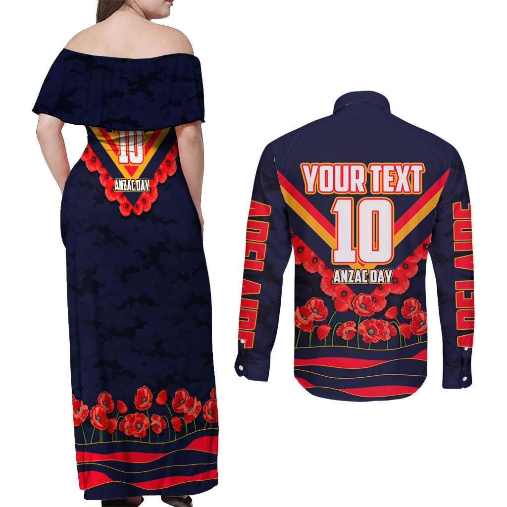 Personalised Adelaide Crows ANZAC Couples Matching Off Shoulder Maxi Dress and Long Sleeve Button Shirt Military Remembrance Australian Football Mascot Camouflage