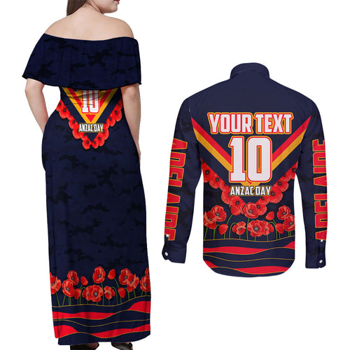 Personalised Adelaide Crows ANZAC Couples Matching Off Shoulder Maxi Dress and Long Sleeve Button Shirt Military Remembrance Australian Football Mascot Camouflage