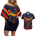 Personalised Adelaide Crows ANZAC Couples Matching Off Shoulder Short Dress and Hawaiian Shirt Military Remembrance Australian Football Mascot Camouflage