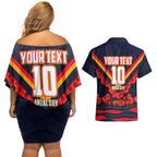 Personalised Adelaide Crows ANZAC Couples Matching Off Shoulder Short Dress and Hawaiian Shirt Military Remembrance Australian Football Mascot Camouflage