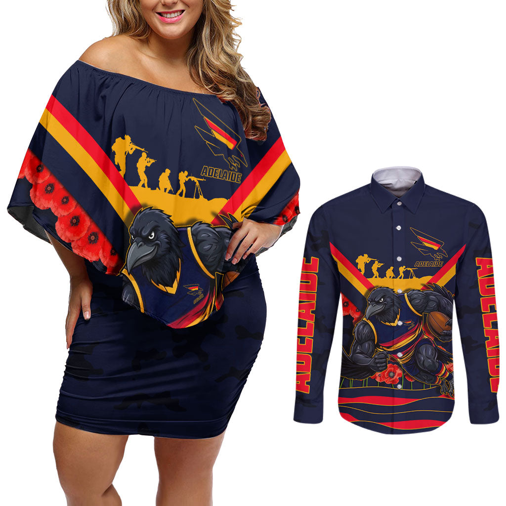 Personalised Adelaide Crows ANZAC Couples Matching Off Shoulder Short Dress and Long Sleeve Button Shirt Military Remembrance Australian Football Mascot Camouflage